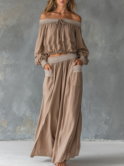 Elegant &amp; Casual Striped-Trim Khaki Off-Shoulder Shirt And Skirt Set