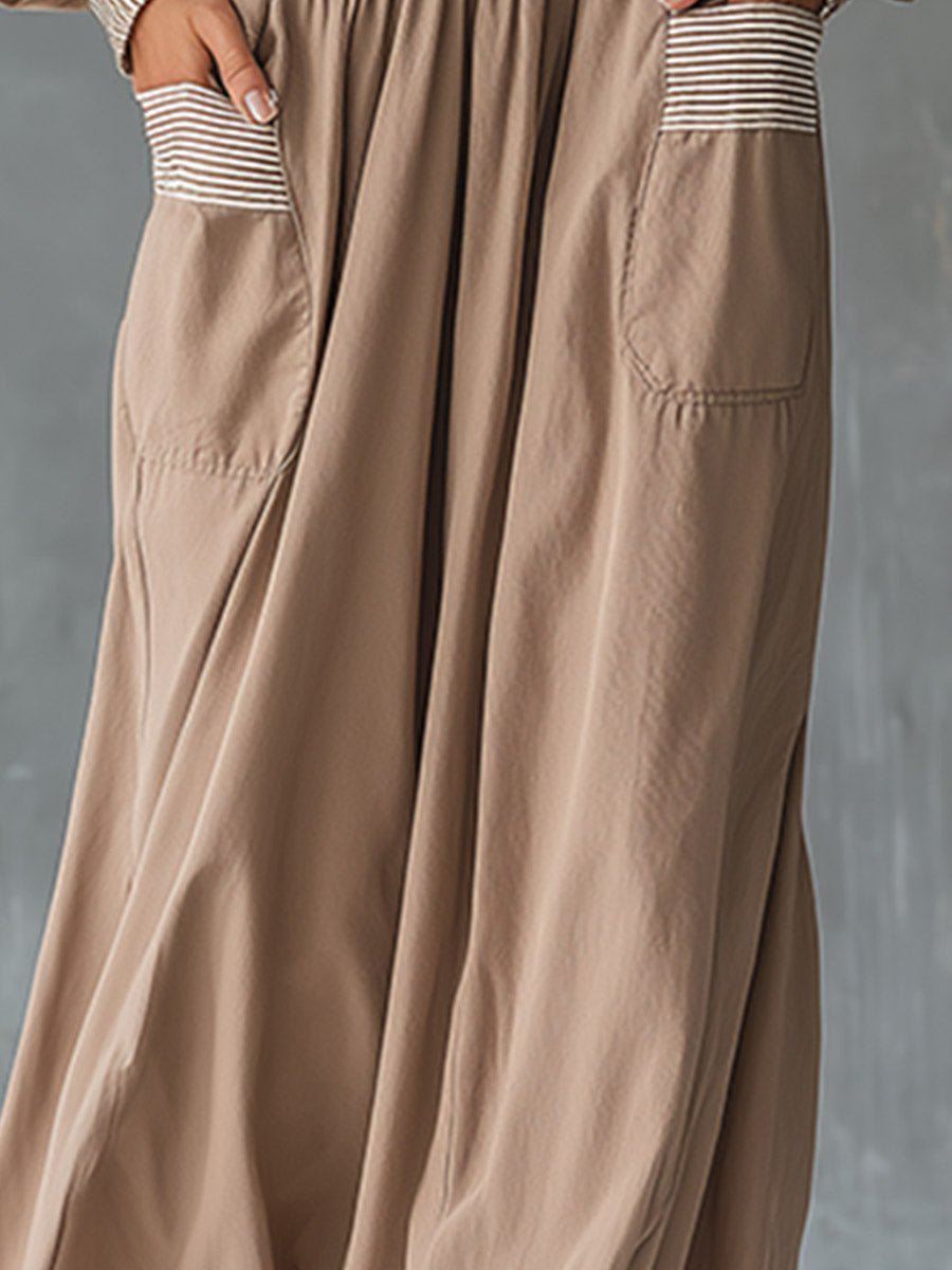 Elegant &amp; Casual Striped-Trim Khaki Off-Shoulder Shirt And Skirt Set