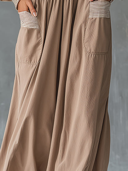 Elegant &amp; Casual Striped-Trim Khaki Off-Shoulder Shirt And Skirt Set