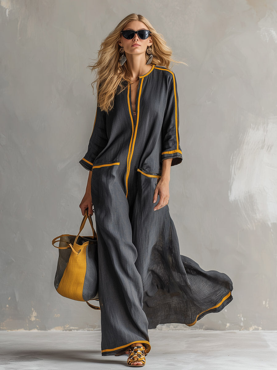 Elegant Urban-Style Trimmed Grey Cotton-Linen Maxi Dress