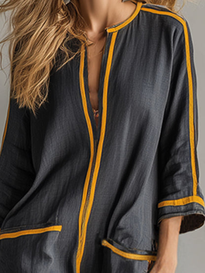 Elegant Urban-Style Trimmed Grey Cotton-Linen Maxi Dress