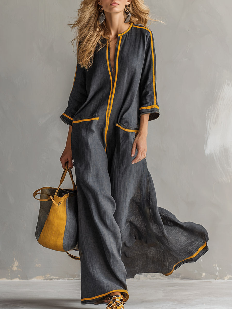 Elegant Urban-Style Trimmed Grey Cotton-Linen Maxi Dress