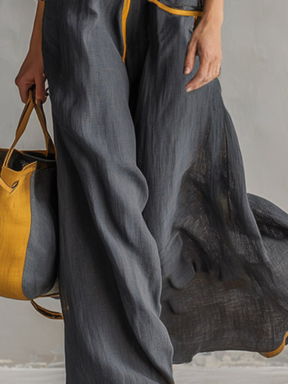 Elegant Urban-Style Trimmed Grey Cotton-Linen Maxi Dress