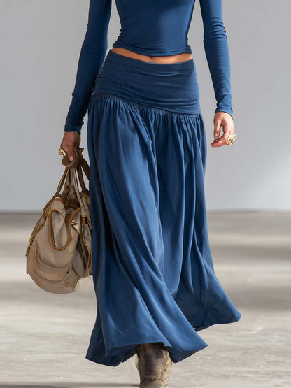 Elegant Sporty Dark Blue Cotton Lapel Zip-front Top And Low-rise Skirt Set