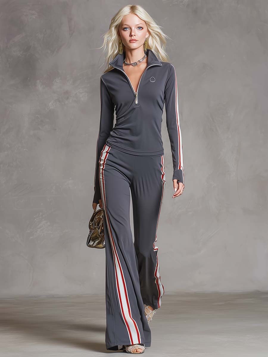 Elegant Retro Sporty Gray Cotton Fabric Lapel Front Zipper Top And Pant Set