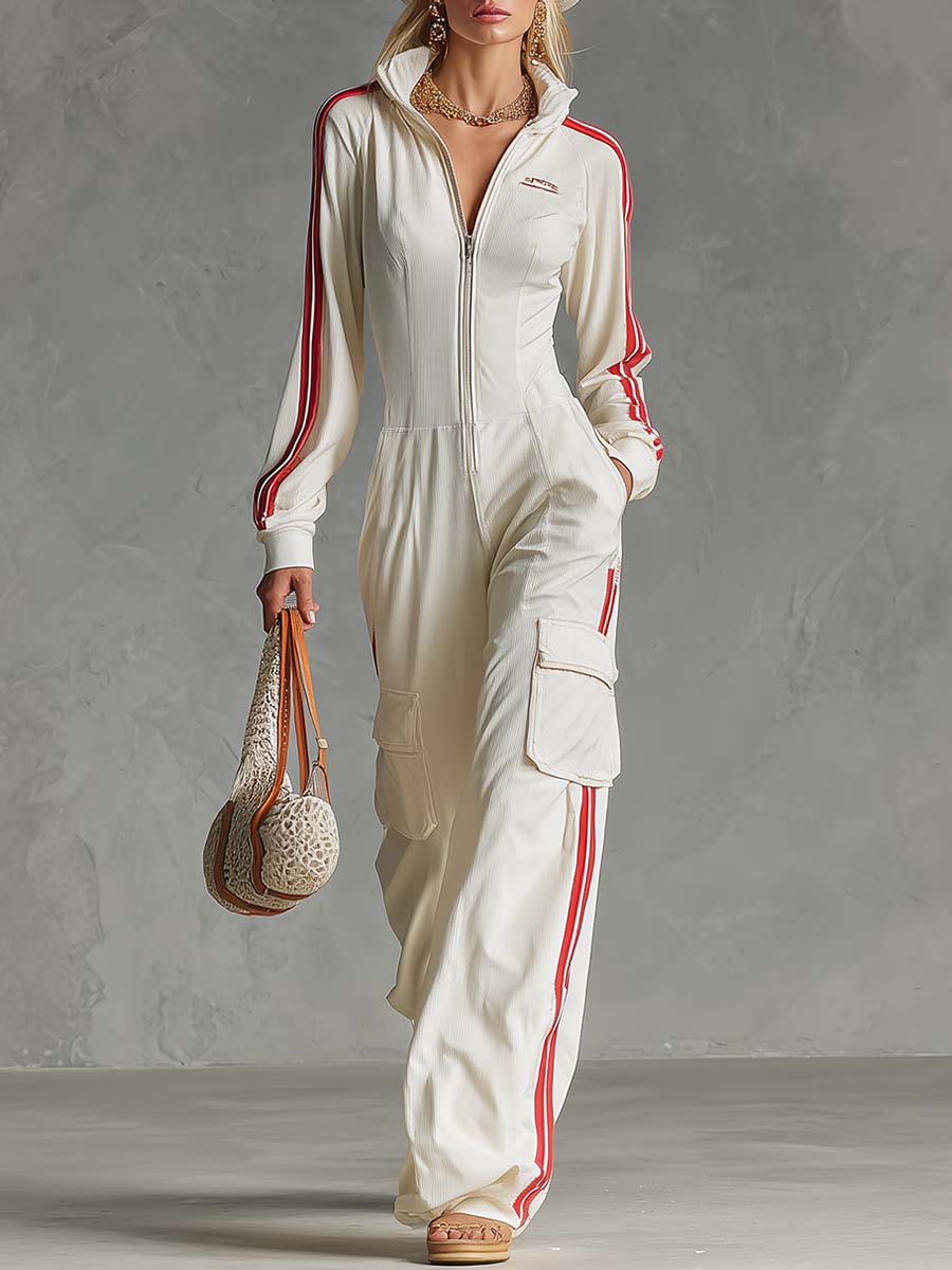 Retro Sport Laepl Front Zipper Off-white Fine-ribbed Utility Jumpsuit