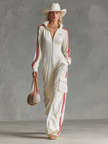 Retro Sport Laepl Front Zipper Off-white Fine-ribbed Utility Jumpsuit