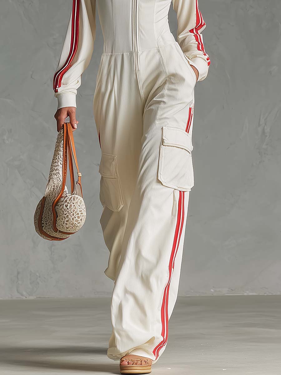 Retro Sport Laepl Front Zipper Off-white Fine-ribbed Utility Jumpsuit