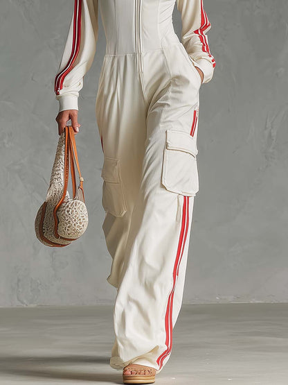 Retro Sport Laepl Front Zipper Off-white Fine-ribbed Utility Jumpsuit
