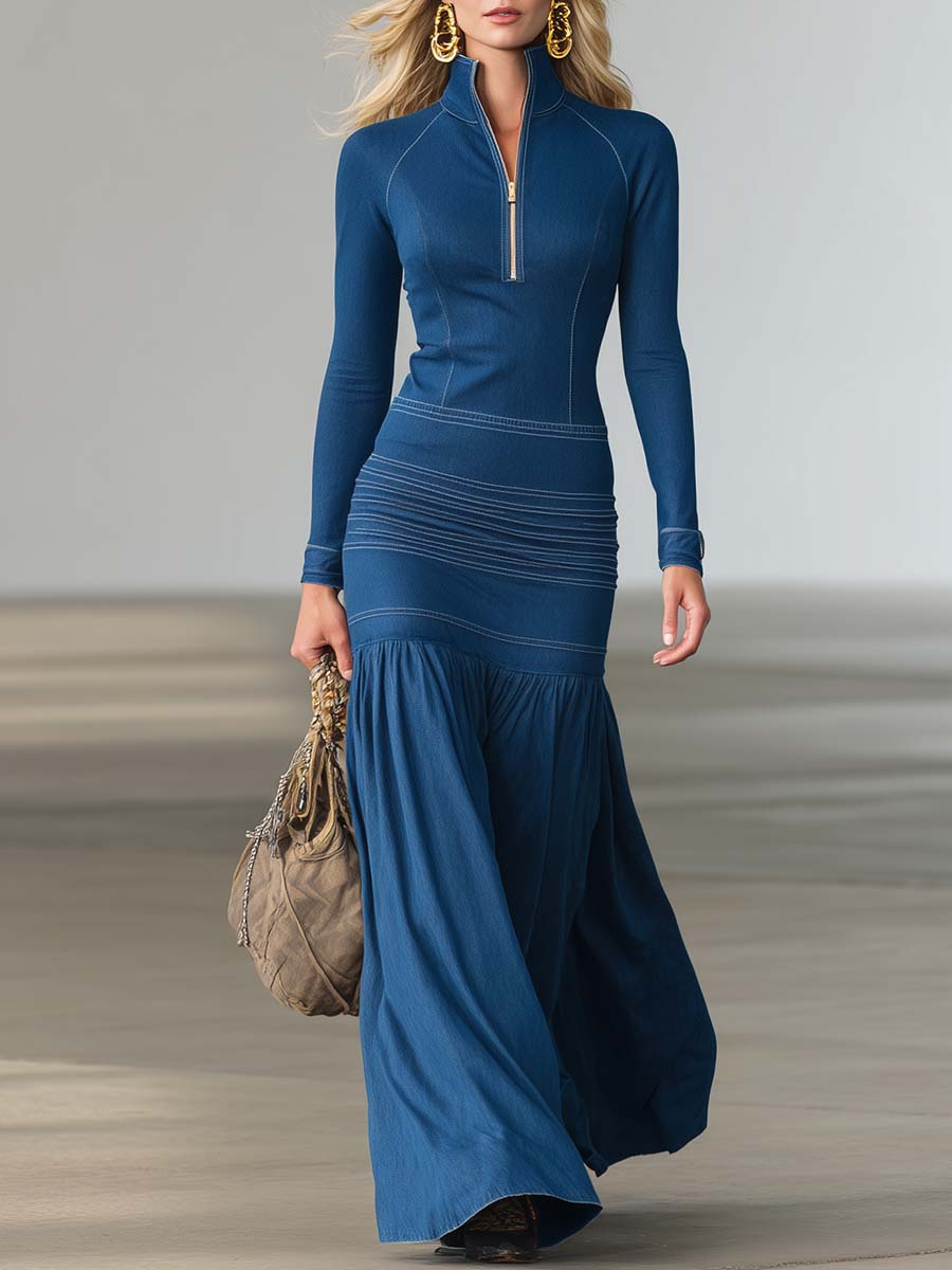Women’s Structured Denim Zip Front Long Sleeve Maxi Dress