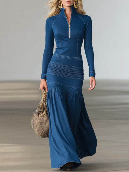Women’s Structured Denim Zip Front Long Sleeve Maxi Dress