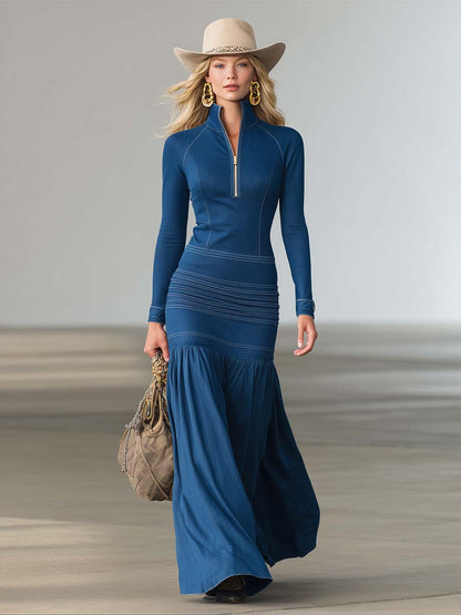 Women’s Structured Denim Zip Front Long Sleeve Maxi Dress