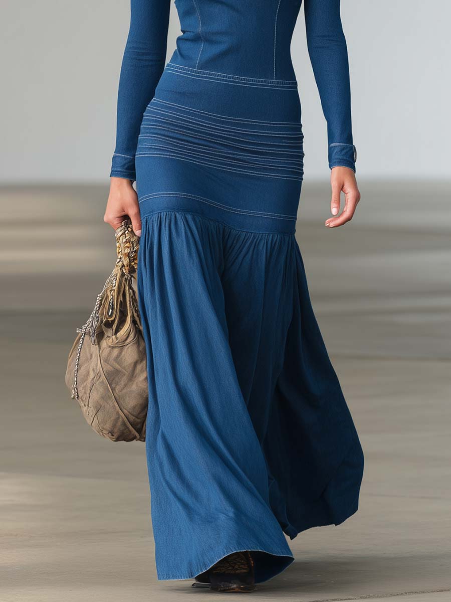 Women’s Structured Denim Zip Front Long Sleeve Maxi Dress