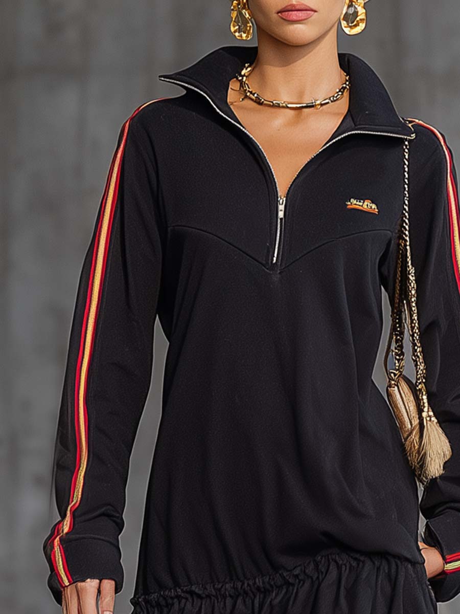 Retro Athleisure Laepl Front Zipper Black Cotton Mini Dress