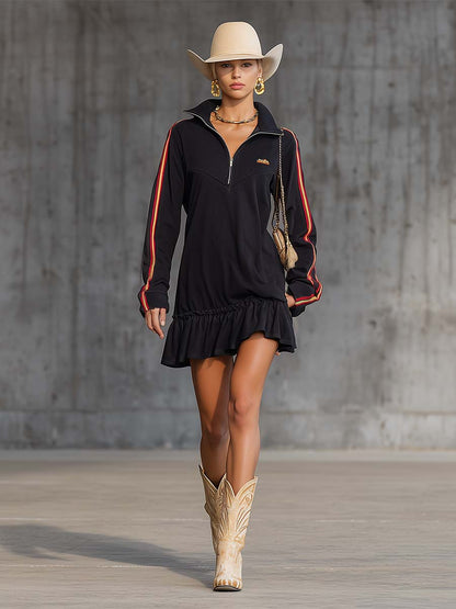 Retro Athleisure Laepl Front Zipper Black Cotton Mini Dress