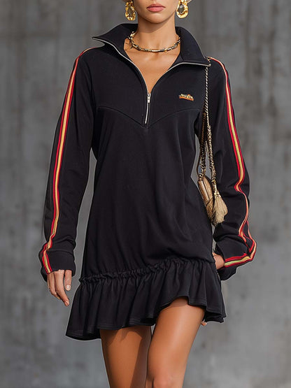 Retro Athleisure Laepl Front Zipper Black Cotton Mini Dress