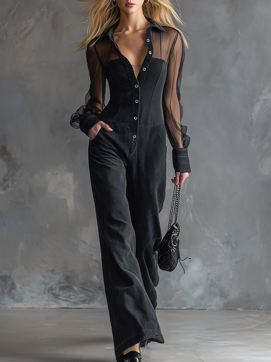Vintage-style Elegant Black Chiffon-paneled Tencel Denim Long-sleeve Jumpsuit