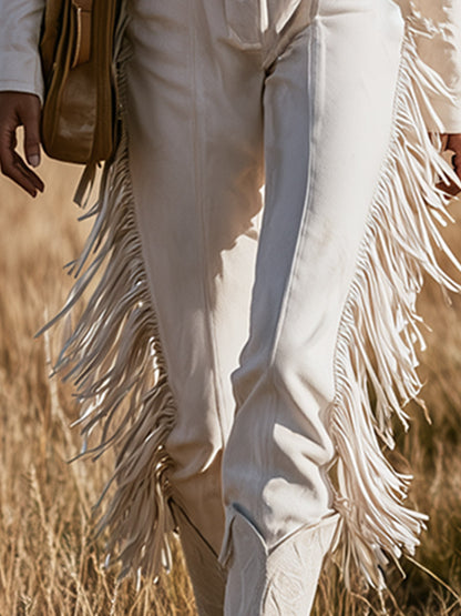 Vintage-style Western White Faux-suede Collared Fringe Jumpsuit