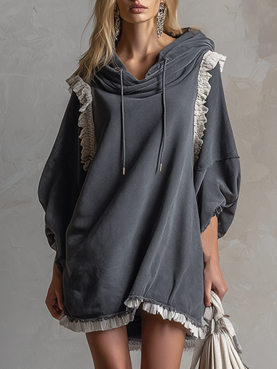 Casual Sporty Lace-trim Dark Grey Cotton Hooded Mini Dress