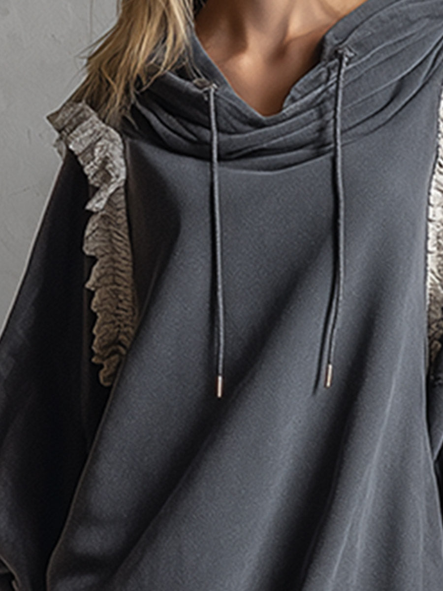 Casual Sporty Lace-trim Dark Grey Cotton Hooded Mini Dress