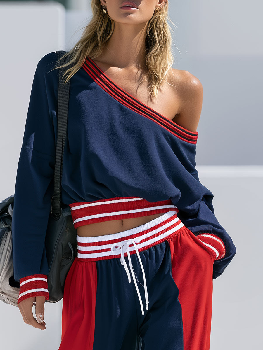 Retro Casual Sporty Red And Blue Color-blocked Off-shoulder Top And Pants Set