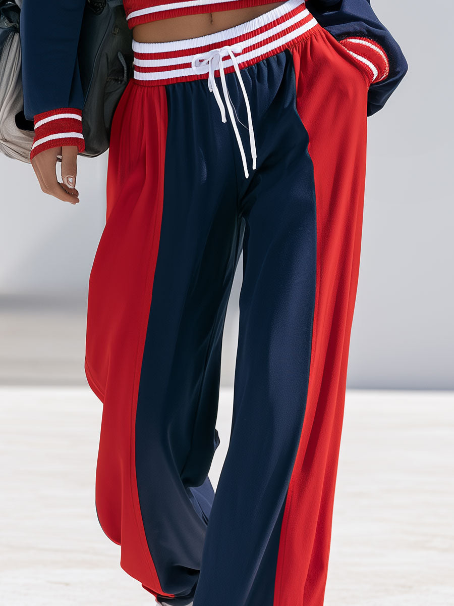 Retro Casual Sporty Red And Blue Color-blocked Off-shoulder Top And Pants Set