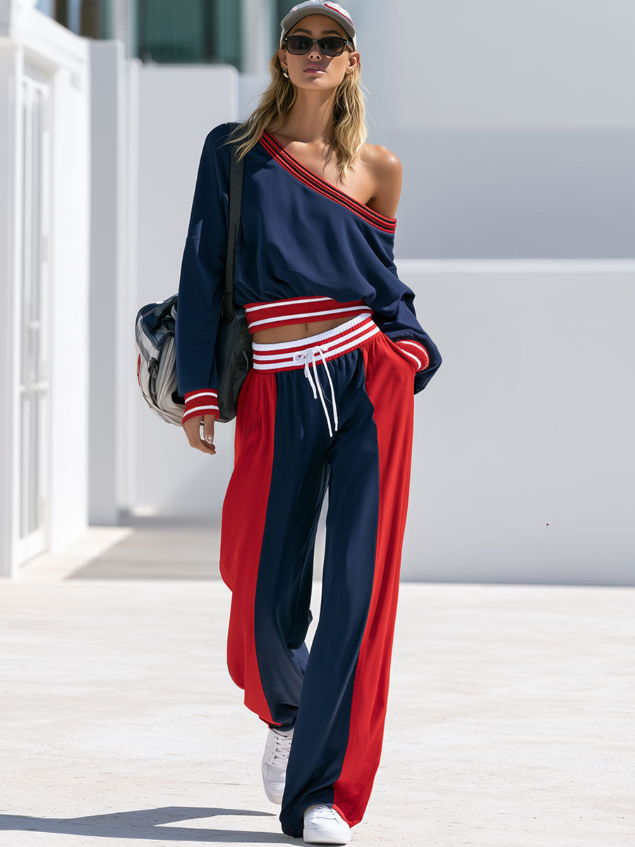 Retro Casual Sporty Red And Blue Color-blocked Off-shoulder Top And Pants Set
