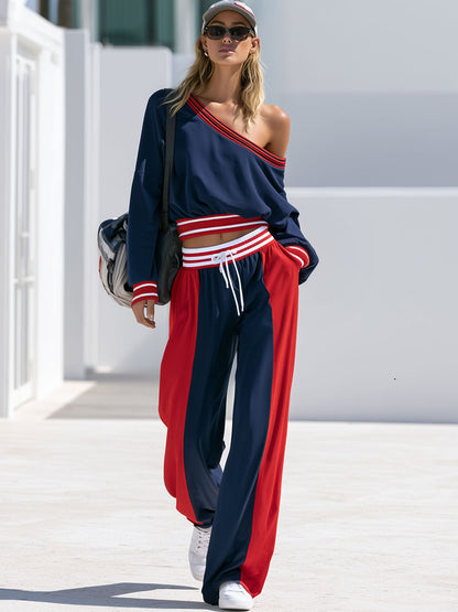 Retro Casual Sporty Red And Blue Color-blocked Off-shoulder Top And Pants Set