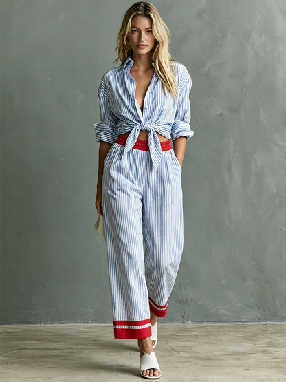 Retro Casual Color-blocked Blue And White Striped Cotton Linen Shirt And Trousers Set