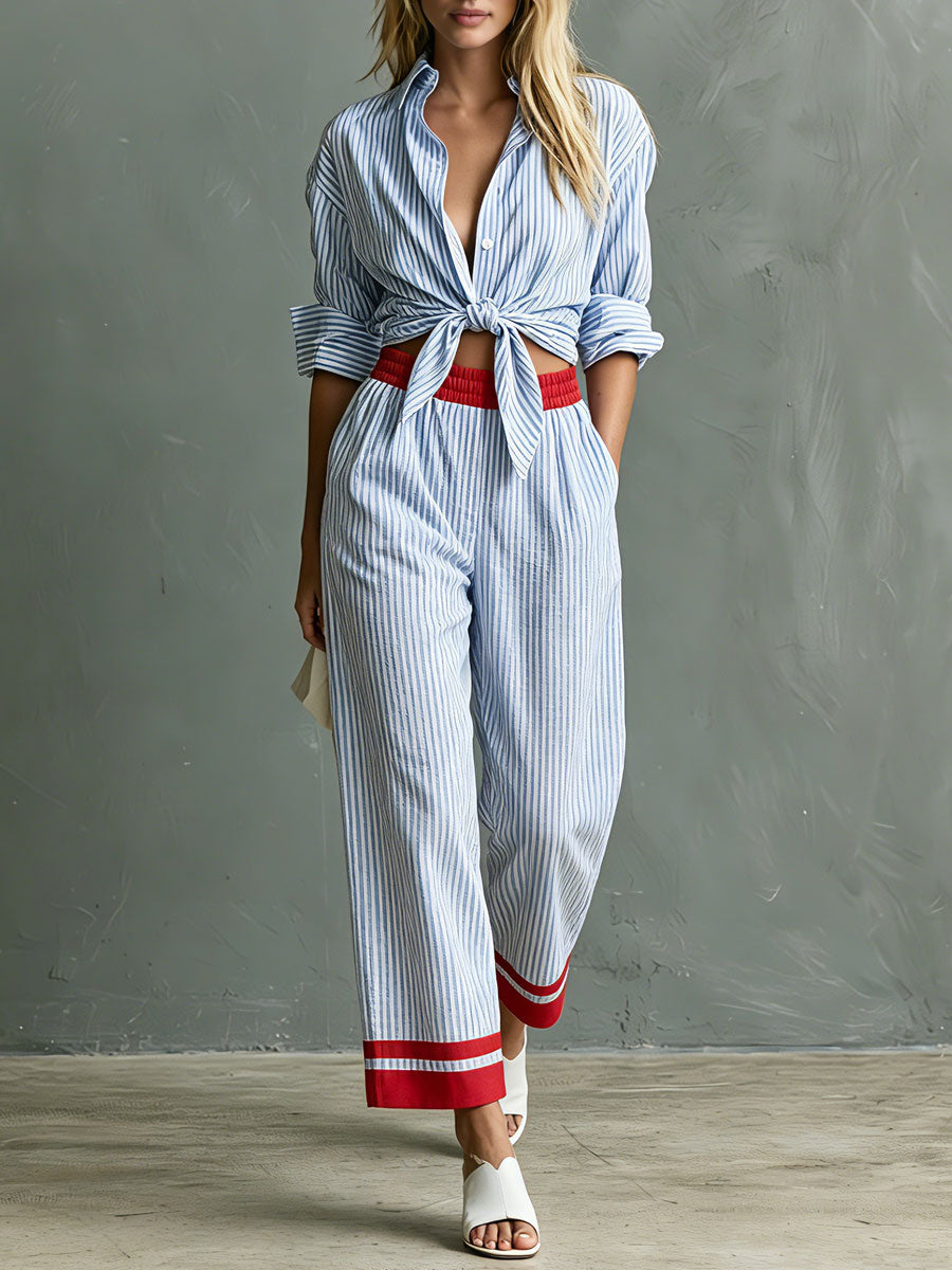 Retro Casual Color-blocked Blue And White Striped Cotton Linen Shirt And Trousers Set
