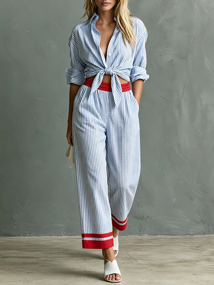 Retro Casual Color-blocked Blue And White Striped Cotton Linen Shirt And Trousers Set