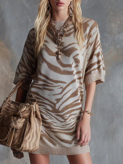 Vintage-style Elegant Beige Zebra-print Breathable Knit Short-sleeve Mini Dress