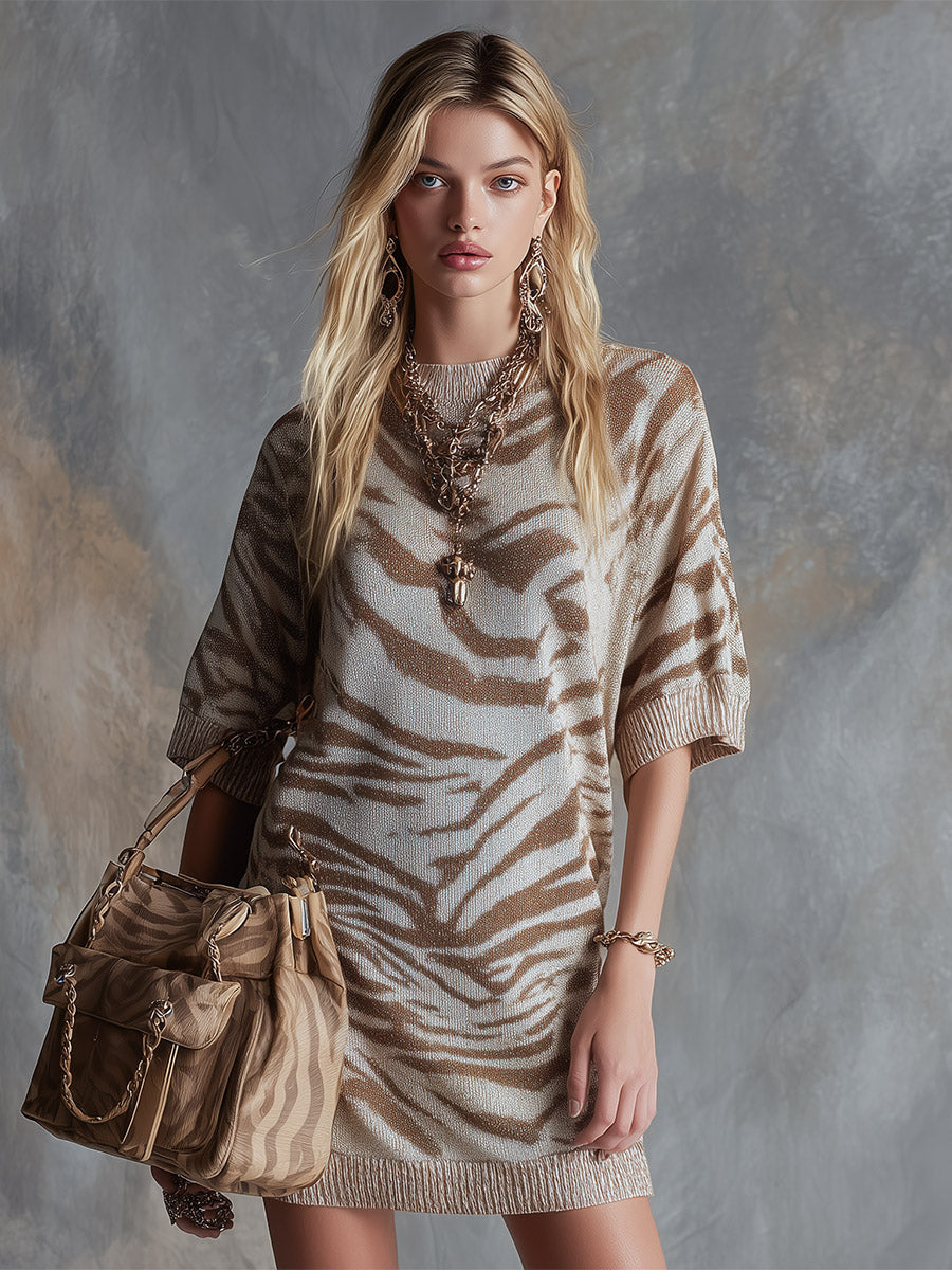 Vintage-style Elegant Beige Zebra-print Breathable Knit Short-sleeve Mini Dress