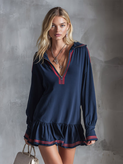 Stylish Sporty Striped Trim Navy Blue Collared Half-zip Cotton Mini Dress