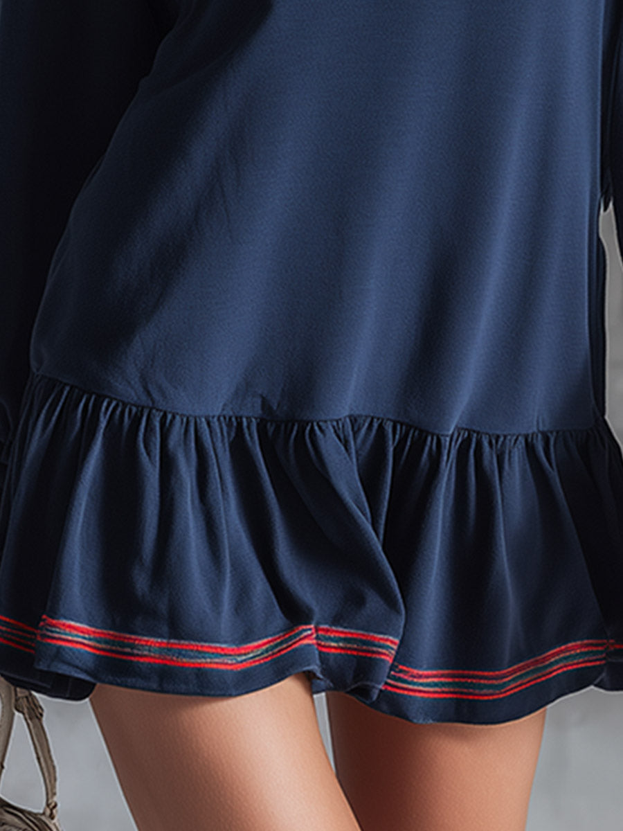 Stylish Sporty Striped Trim Navy Blue Collared Half-zip Cotton Mini Dress
