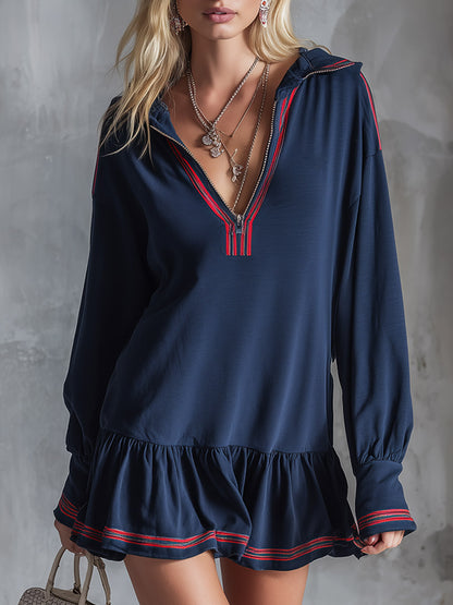 Stylish Sporty Striped Trim Navy Blue Collared Half-zip Cotton Mini Dress