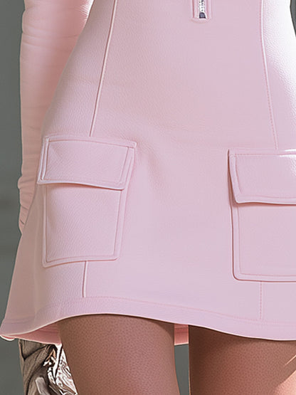 Casual Retro Pink Collared Half-zip Long-sleeved Cotton Mini Dress