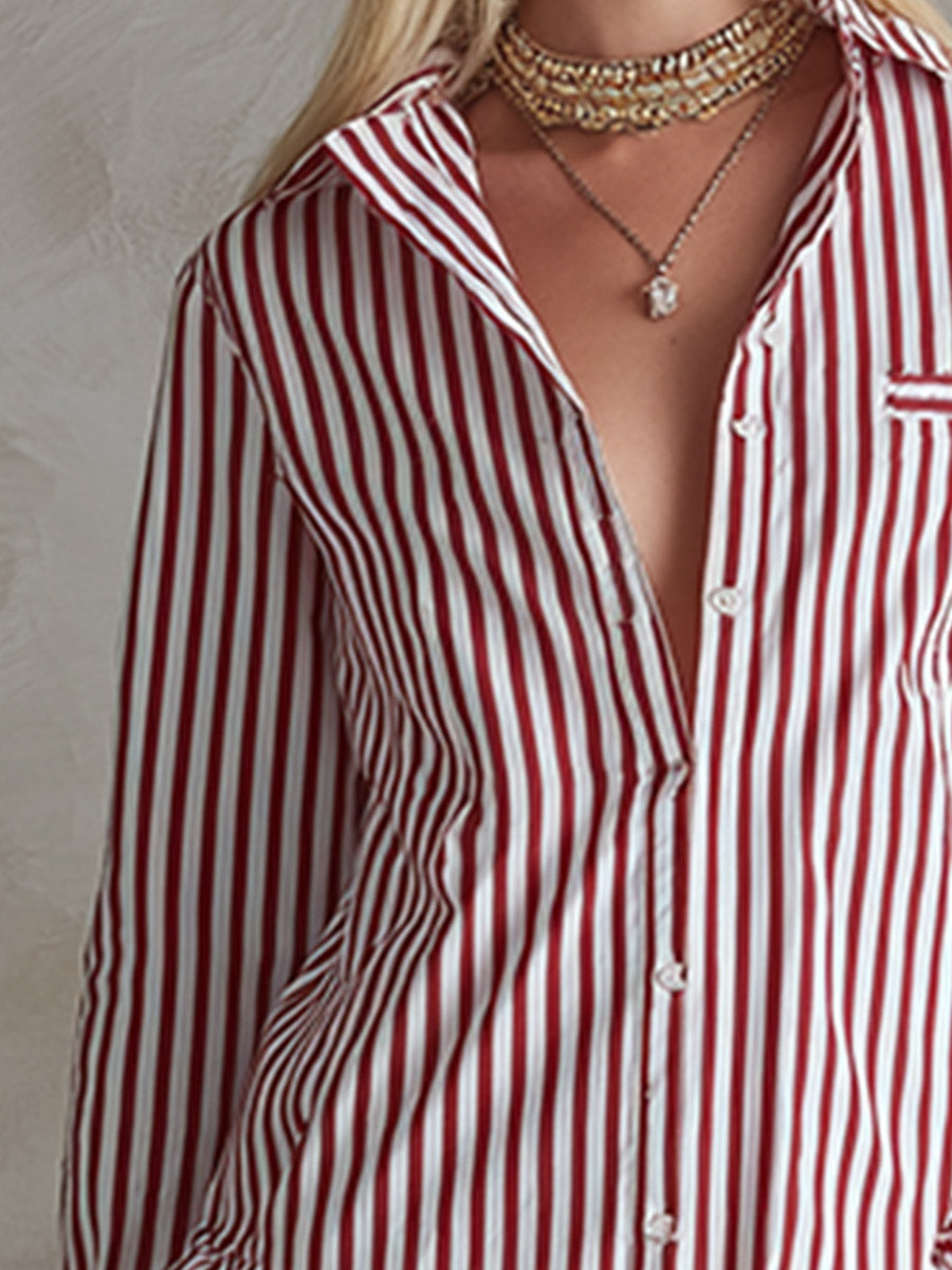 Vintage-style Elegant Red Striped Ruffled Shirt Mini Dress