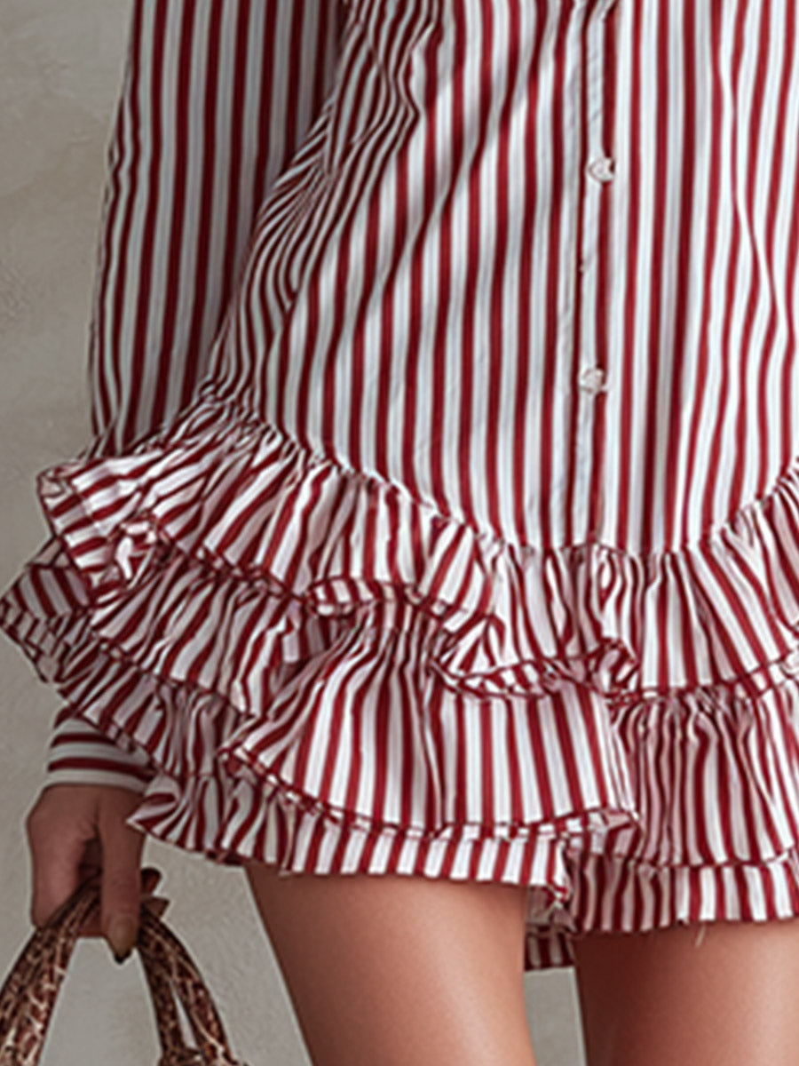 Vintage-style Elegant Red Striped Ruffled Shirt Mini Dress
