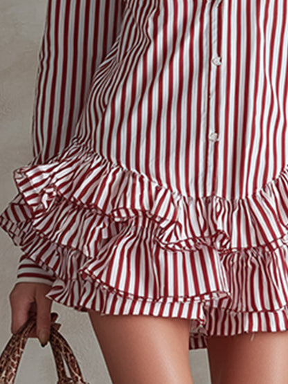 Vintage-style Elegant Red Striped Ruffled Shirt Mini Dress