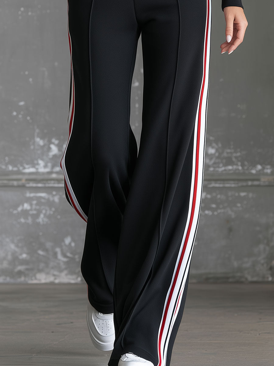 Retro Sporty Color-blocked Webbing Black Stand-up Collar Cotton Top And Pants Set