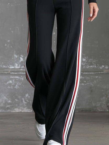 Retro Sporty Color-blocked Webbing Black Stand-up Collar Cotton Top And Pants Set