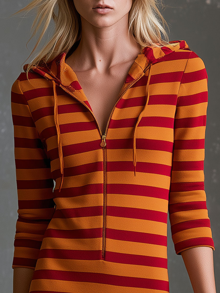 Retro Casual Sporty Striped Hooded Half-zip Long-sleeved Slit Cotton Midi Dress