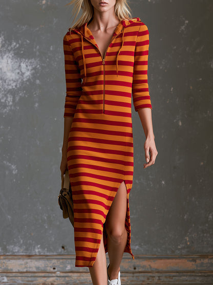 Retro Casual Sporty Striped Hooded Half-zip Long-sleeved Slit Cotton Midi Dress