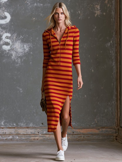 Retro Casual Sporty Striped Hooded Half-zip Long-sleeved Slit Cotton Midi Dress