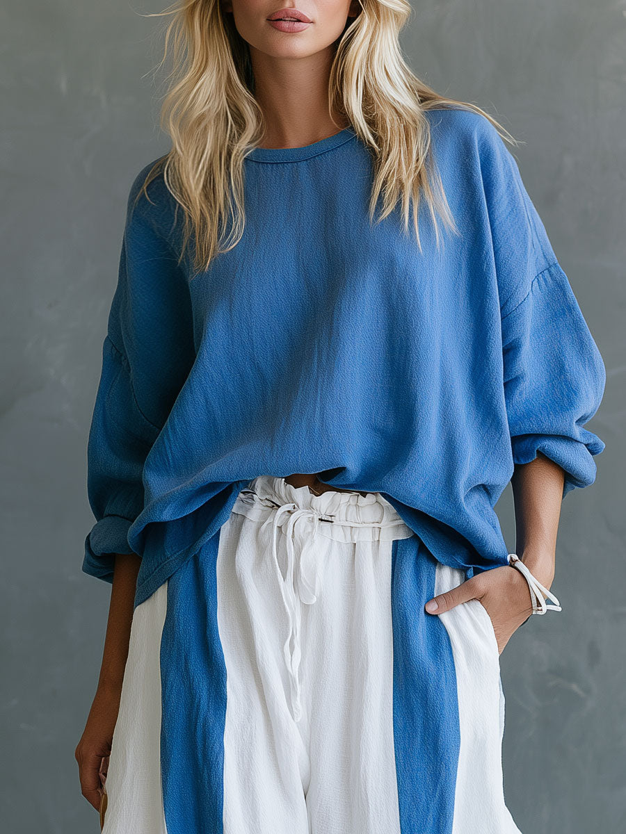 Retro Casual Color-blocked Blue Crew Neck Top And Color-blocked Pants Set