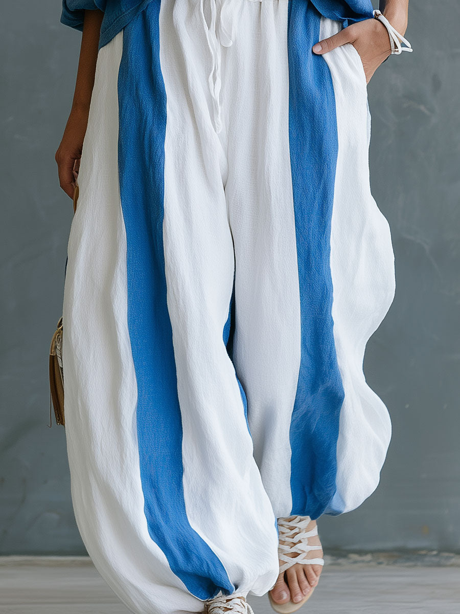 Retro Casual Color-blocked Blue Crew Neck Top And Color-blocked Pants Set