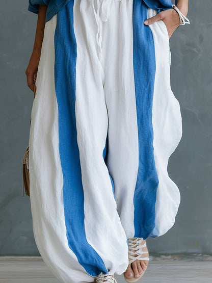 Retro Casual Color-blocked Blue Crew Neck Top And Color-blocked Pants Set