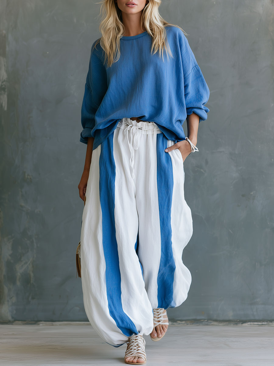 Retro Casual Color-blocked Blue Crew Neck Top And Color-blocked Pants Set