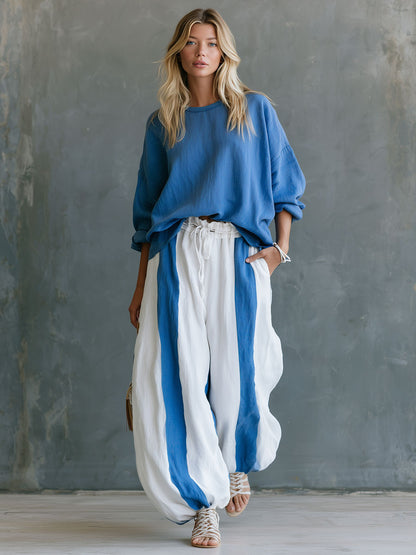 Retro Casual Color-blocked Blue Crew Neck Top And Color-blocked Pants Set